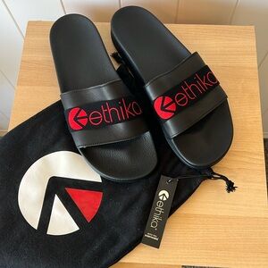 NWT Ethika Black and Res Slides - Size 12-13